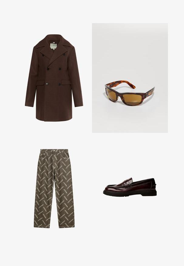 Brązowy dwurzędowy płaszcz z teksturowanej tkaniny, z klapami w szpic, dwoma przednimi kieszeniami i czarnymi guzikami.; PULL&BEAR - T-shirt basic; Spodnie dżinsowe w kolorze khaki z ogólnym wzorem piór w jasnym beżu. Luźny krój, standardowe kieszenie i kontrastowe szwy.; Brązowe skórzane loafersy z zaokrąglonym noskiem, detalicznym przeszyciem i gumową podeszwą. Posiadają dekoracyjną taśmę oraz gładką fakturę.; Okulary przeciwsłoneczne w wzór żółwiego pancerza z brązowymi soczewkami. Smukła, prostokątna oprawka, gładka tekstura, subtelne logo na boku oraz zakrzywione ramiona dla komfortu.