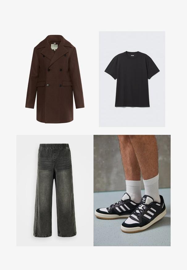 Bruine dubbelzijdige jas van gestructureerde stof, met een pieklapel, twee voorzakken en zwarte knopen.; Zwarte korte mouwen T-shirt van katoen. Kenmerkt zich door een ronde halslijn en een ontspannen pasvorm. Eenvoudig ontwerp zonder zichtbare patronen of accenten.; Zwart gewassen denim broek met elastische tailleband en brede pijpen, met subtiele verticale naaddetails aan de zijkanten.; Zwart-witte sneakers met een bovenwerk van suede en leer, voorzien van drie witte strepen, een geperforeerde neus en een rubberen gumzool.