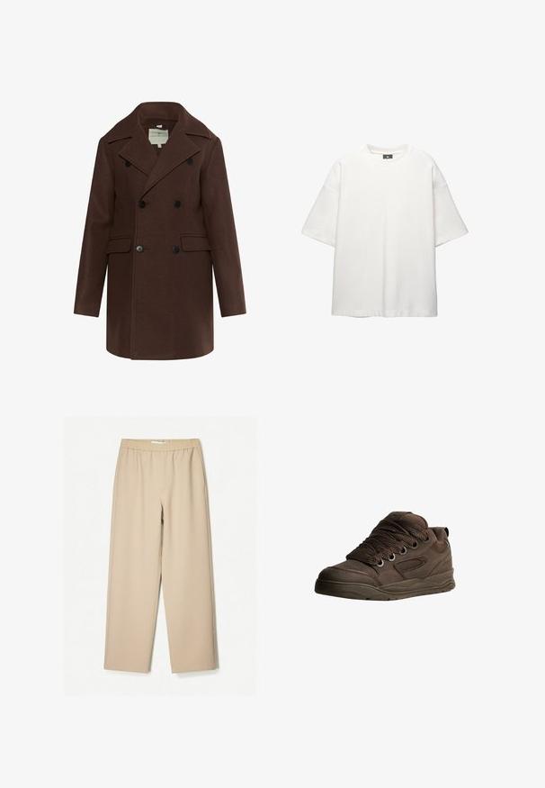 Hnědý dvouřadový kabát vyrobený z texturované tkaniny, s špičatým límcem, dvěma předními kapsami a černými knoflíky.; Bílý krátký rukáv T-shirt s kulatým výstřihem, nabízí uvolněný střih, texturovanou tkaninu a prošité detaily na lemu. Žádné viditelné grafiky.; Beige kalhoty širokého střihu s elastickým pasem, vyrobené z měkké tkaniny, s hladkým povrchem a minimálním počtem švů.; Hnědé sportovní boty vyrobené z hladkého syntetického materiálu. Mají silné šňůrky, síťované detaily, polstrovaný límec a texturovanou gumovou podrážku.