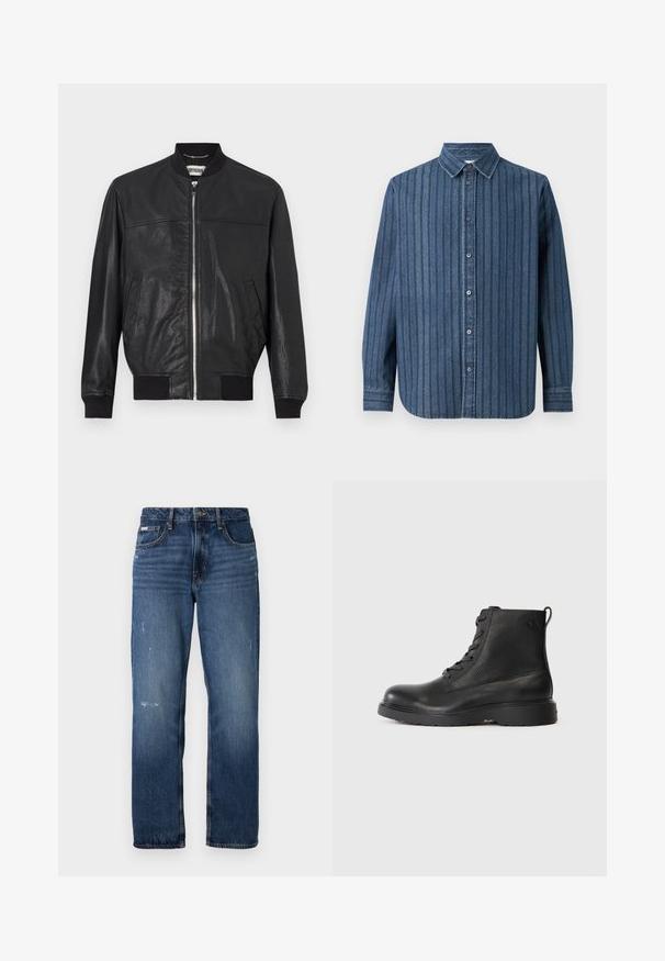 Schwarze Leder-Bomberjacke mit Reißverschluss vorne, gerippten Bündchen und zwei Seitentaschen. Glatte Textur und einfaches, klassisches Design.; Samsøe Samsøe SADAMON SHIRT - Hemd - denim; Blaue Denim-Jeans mit geradem Bein. Sie verfügen über ausgewaschene Bereiche und leichte Abnutzungsspuren auf der Vorderseite sowie einen klassischen Knopfverschluss.; Schwarze Knöchelstiefel aus strukturiertem Leder mit runder Spitze, Schnürdesign und einer robusten schwarzen Gummisohle. Verfügt über eine Schlaufe an der Ferse.