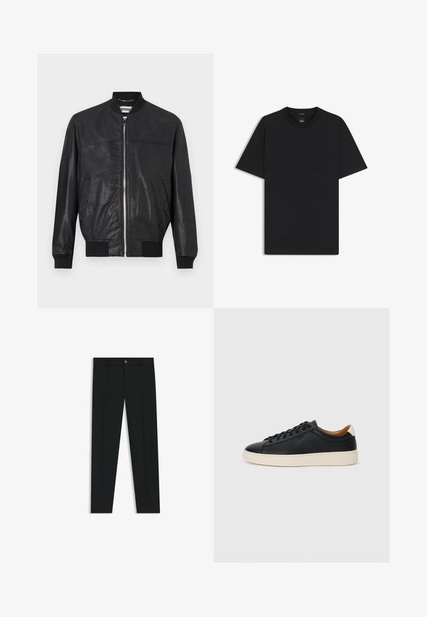 Schwarze Leder-Bomberjacke mit Reißverschluss vorne, gerippten Bündchen und zwei Seitentaschen. Glatte Textur und einfaches, klassisches Design.; Schwarz T-Shirt mit kurzen Ärmeln aus einem glatten Baumwollmix, mit Rundhalsausschnitt und einem minimalistischen Design ohne Muster oder Akzente.; Schwarze Anzughosen mit geradem Bein, aus glattem Stoff. Mit Knopfverschluss vorne und Gürtelschlaufen. Schlicht ohne Muster.; Schwarze Ledersneaker mit glatter Textur, beiger Gummisohle, Schnürdesign und einem kontrastierenden Fersenakzent.