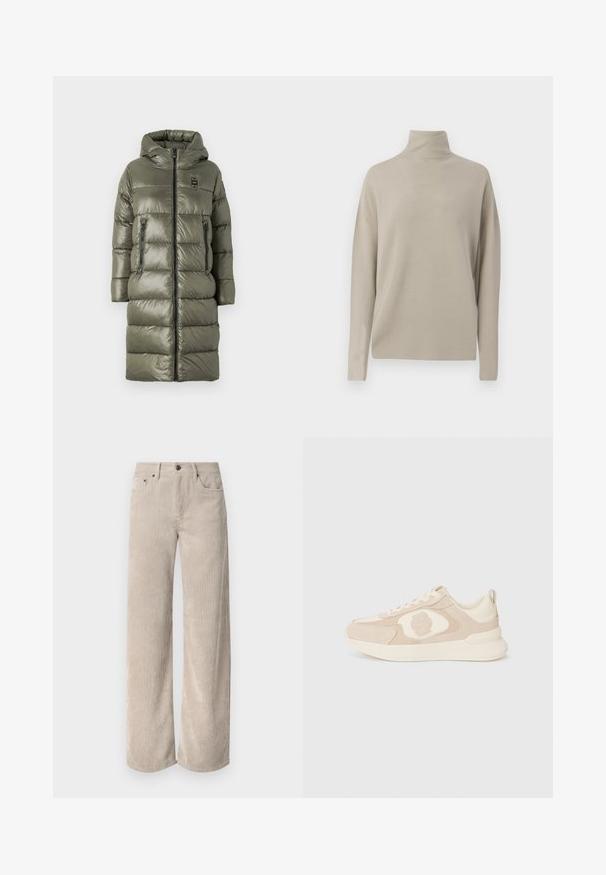 Blauer MARTHA - Talvitakki - verde pigna; Vaaleanbeige poolopaita, joka on valmistettu pehmeästä neulomateriaalista, omaa rentoan istuvuuden, pitkät hihat ja korkean kauluksen. Ei näkyviä kuvioita.; Vaaleanbeige corduroy-tyyliset leveälahkeiset housut, joissa on pystysuorat raidat. Varustettu napilla ja etutaskuilla. Pehmeä, teksturoidusta kankaasta valmistettu rento malli.; Beige tennarit, joissa on sileä nahka- ja mokkasekoitus, pyöreä varvaskohta, nauhakiinnitys edessä ja teksturoitu sivulogo. Littee kumipohja.