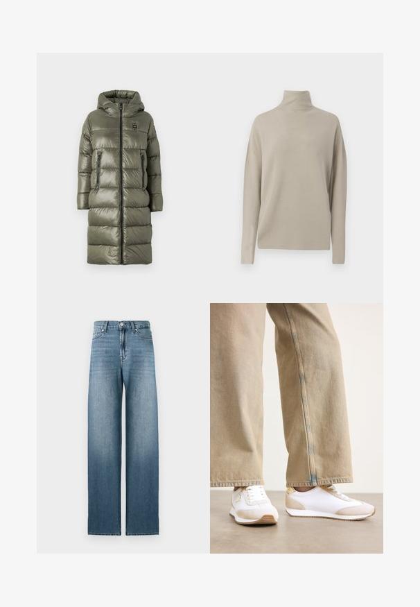 Blauer MARTHA - Abrigo de invierno - verde pigna; Suéter de cuello alto de color beige claro, fabricado en un material de punto suave, presenta un corte relajado con mangas largas y un cuello alto. Sin patrones visibles.; Jeans de pierna ancha de color azul claro, confeccionados en denim, con cintura alta, diseño de cinco bolsillos y un leve desvanecimiento a lo largo de las piernas.; Zapatillas blancas con un acento de ante beige, cierre con cordones planos y suela de goma, combinadas con unos vaqueros rectos de un beige claro.
