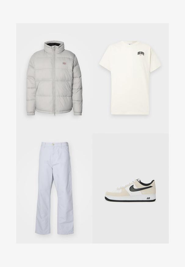 Szara kurtka puchowa z wysokim kołnierzem, zamek błyskawiczny oraz elastyczne mankiety. Posiada quiltowany wzór oraz małą naszywkę z logo na piersi.; Beżowa bawełniana koszulka z krótkim rękawem, z napisem "NIKE SB" w czarnym i czerwonym kolorze na klatce piersiowej. Klasyczny okrągły dekolt.; Jasnoniebieskie, proste spodnie typu straight-leg wykonane z bawełny. Posiadają kieszeń z przodu, zamek błyskawiczny oraz jeden metalowy guzik w pasie.; Sneakers z jasnobeżowym zamszem i białą skórzaną cholewką, czarnym logo Nike, czarnymi akcentami i białą gumową podeszwą z logo "AIR".