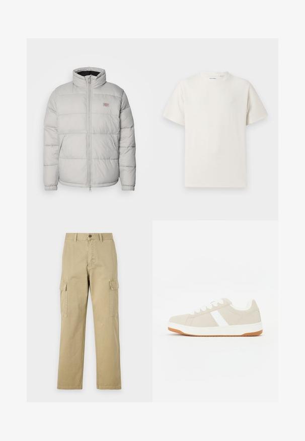 Grå pufferjakke med høj krave, lynlåslukning og elastiske manchetter. Den har et quiltet design og et lille logo patch på brystet.; Hvid kortærmet T-shirt i ribbet tekstur. Rund halsudskæring, løs pasform, ingen synlige mønstre eller accenter. Enkel og alsidig design.; Beige cargo bukser lavet af bomuld, med to sidelommer, knaplukning og lige ben i et let tekstureret stof.; Beige sneakers med hvide accenter, suede tekstur, rund form, snørebåndsdesign og en kontrasterende gummibund.