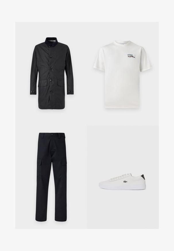 Casaco preto de mangas longas feito de um tecido durável, com fecho frontal por botões, dois bolsos frontais e um colarinho em contraste.; T-shirt de algodão branco com decote redondo, mangas curtas e um pequeno logótipo bordado apresentando montanhas e texto no lado esquerdo do peito.; Calças cargo pretas feitas de tecido resistente, com corte de perna direita, dois bolsos laterais e fecho de botão na cintura.; Sapatilha de couro branco com biqueira arredondada, atacadores na frente e detalhe preto no calcanhar. Apresenta um pequeno logótipo de crocodilo bordado na lateral.