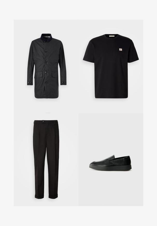 Kere mustriga must pikkade varrukatega mantel, mis on valmistatud vastupidavast kangast, sisaldab nööpidega esist, kahte esist taskut ja kontrastset krae.; Mustmustärg t-särk lühikeste varrukatega, ümmarguse kaelusega ja väike tikitud logo vasakul rinnal. Sile tekstuur, tavaline sobivus.; Mustad püksid siledast kangast, sirge lõikega, kahe esipocketiga ja ühe nööbiga vöökoha kinnitamiseks.; Calvin Klein HYBRID CUP - Jalga libistatavad jalanõud - triple black