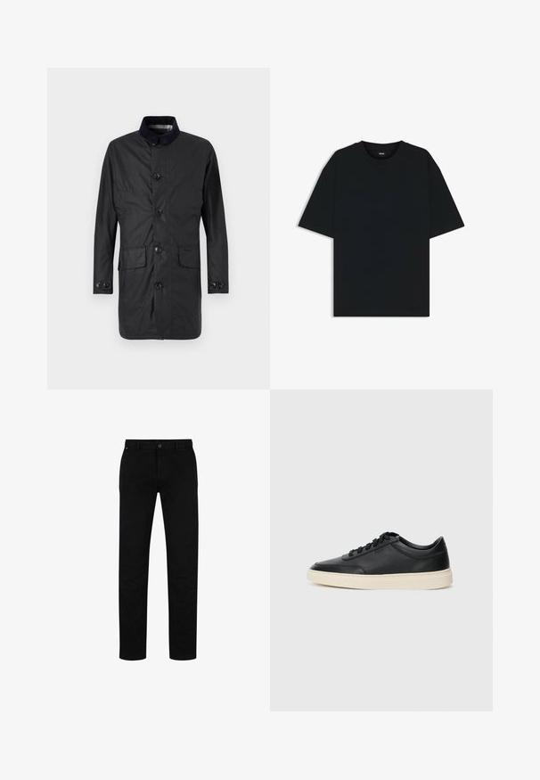 Black, long-sleeve coat made from durable fabric, featuring a button-up front, two front pockets, and a contrasting collar.; Black cotton t-shirt with a round neckline and short sleeves. Features a loose fit and a simple design without patterns or accents.; Black cotton trousers with a straight fit, featuring a button closure, belt loops, and minimalistic design. Smooth texture, no patterns.; Black low-top leather sneaker with black laces and off-white sole shown in side profile on white background.