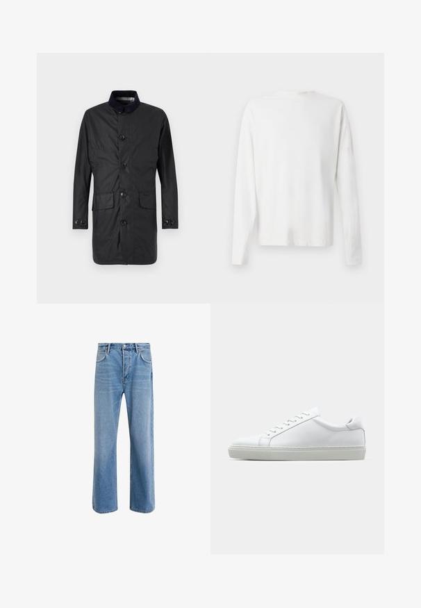 Černý kabát s dlouhým rukávem vyrobený z odolné látky, s knoflíkovým zapínáním, dvěma předními kapsami a kontrastním límcem.; Bílá bavlněná košile s dlouhým rukávem a kulatým výstřihem, s bočními rozparky na spodní části a hladkým povrchem, vystavená zezadu.; Světle modré džínové kalhoty s rovnými nohavicemi, pěti kapsami, zapínáním na knoflík, minimálním vyblednutím a kontrastním prošitím.; Bílé tenisky s hladkým koženým svrškem a nízkým profilem. Mají zaoblenou špičku, šest nýtů a texturovanou gumovou podrážku.