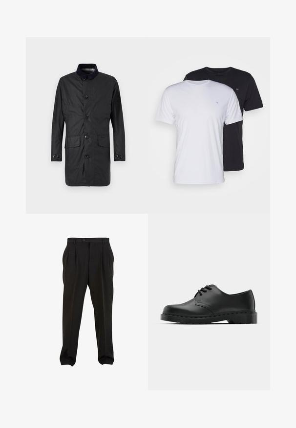 Zwarte, lange mouwen jas gemaakt van duurzaam materiaal, met een knoopsluiting aan de voorkant, twee voorzakken en een contrasterende kraag.; Twee katoenen t-shirts in het wit en zwart, met korte mouwen en ronde halsen, voorzien van een klein logo op de borst, met een soepele textuur.; Zwarte broek van gladde stof, met voorplooien, een knopenband en taps toelopende enkelboorden. Klassieke taillering.; Zwarte leren oxford schoenen met vetersluiting, ronde neus, platte rubberen zool en subtiele stiksel details langs het bovenwerk.
