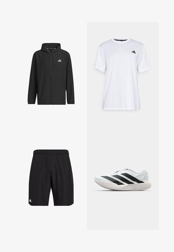 Schwarze, leichte Zip-Jacke mit Kapuze, ausgestattet mit einem silbernen Logo, glatter Textur und elastischen Bündchen.; Weißes sportliches T-Shirt mit kurzen Ärmeln, aus feuchtigkeitsableitendem Material. Mit einem schwarzen Logo auf der linken Brust und einem gemusterten Innenkragen.; Schwarze Sportshorts mit einem elastischen Bund. Aus leichtem Stoff gefertigt, mit einer dezenten Textur und einem kleinen weißen Logoakzent.; Leichte Laufschuhe in hellblau mit schwarzen Streifen. Sie verfügen über ein glattes Obermaterial, eine runde Zehenpartie und eine dicke weiße Zwischensohle, die mit "LIGHTSTRIKE PRO" beschriftet ist.