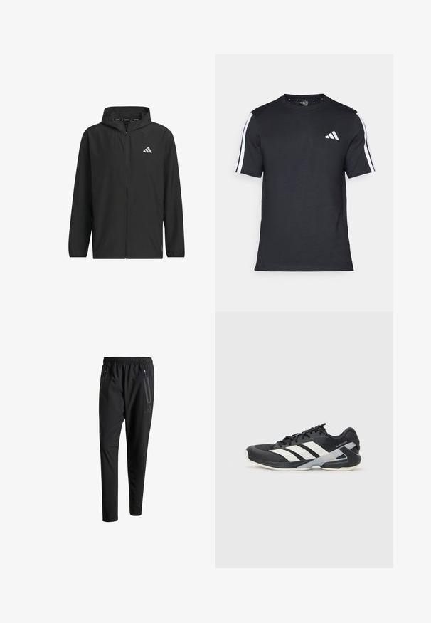 Schwarze, leichte Zip-Jacke mit Kapuze, ausgestattet mit einem silbernen Logo, glatter Textur und elastischen Bündchen.; Schwarzes T-Shirt aus Baumwolle mit kurzen Ärmeln, ausgestattet mit weißen Streifen auf den Schultern und einem weißen Logo auf der linken Brust.; Schwarze Sporthose mit elastischem Bund, zwei Reißverschlusstaschen an den Seiten, schmal zulaufenden Beinen und einem dezenten Logo-Detail an der Hüfte.; Schwarzer Sportschuh mit weißen Streifen, Obermaterial aus Mesh, runde Zehenform und gepolstertem Sohlenteil. Verfügt über eine strukturierte Ferse und ein sicheres Schnürsystem.