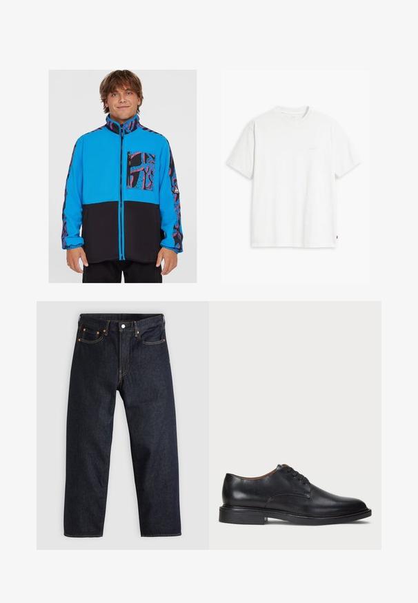 Giacca blu e nera con chiusura a zip, presenta una tasca decorata e pannelli laterali, realizzata in materiale felpato con una texture liscia.; T-shirt bianca in cotone con maniche corte, scollo rotondo e un sottile logo "Levi's" stampato in colore chiaro sul davanti.; Jeans in denim blu scuro con taglio dritto, cinque tasche, cuciture arancioni a contrasto e chiusura con bottone. Nessun motivo o decorazione visibile.; Scarpa da uomo in pelle nera con punta rotonda, design con lacci e tacco basso impilato. Texture liscia con dettagli di cucitura minimi.