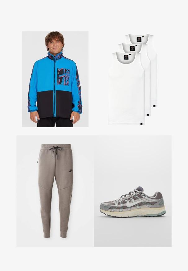 Zilā un melnā jaka ar rāvējslēdzēju, ar rakstainu kabatu un sānu paneļiem, izgatavota no vilnas materiāla ar gludu tekstūru.; Trīs baltas ribotas krūšturi, kas izgatavoti no kokvilnas. Iezīmēti ar apaļu kakla izgriezumu un maziem melniem etiķetēm tuvu apakšmalai. Pieejami vairākos izmēros.; Pelēki Nike sporta bikses ar aukliņu viduklī, sašaurinātiem galiem, sānu kabatām un izteiktām šuvēm. Mīksta, teksturēta auduma.; Pelēkie sporta apavi ar tīkla un zamša augšdaļu, baltiem akcentiem, mīkstinātu zoli un izcilu dizainu ar atstarotājiem.
