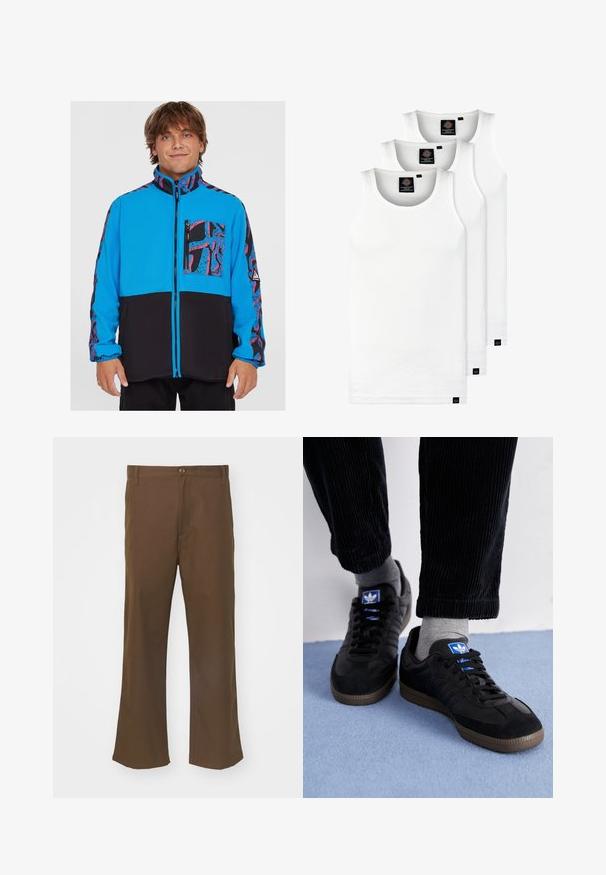 Giacca blu e nera con chiusura a zip, presenta una tasca decorata e pannelli laterali, realizzata in materiale felpato con una texture liscia.; Tre canotte bianche a coste in cotone. Presentano un colletto rotondo e piccole etichette nere vicino all'orlo. Disponibile in diverse taglie.; Pantaloni a zampa d'elefante marroni realizzati in tessuto morbido, con chiusura a bottone, dotati di tasche frontali e cuciture dritte lungo le gambe.; Scarpe da ginnastica nere in materiale scamosciato e in pelle, con un logo blu e una suola in gomma marrone. Abbinati a calzini grigi e pantaloni in velluto a coste.
