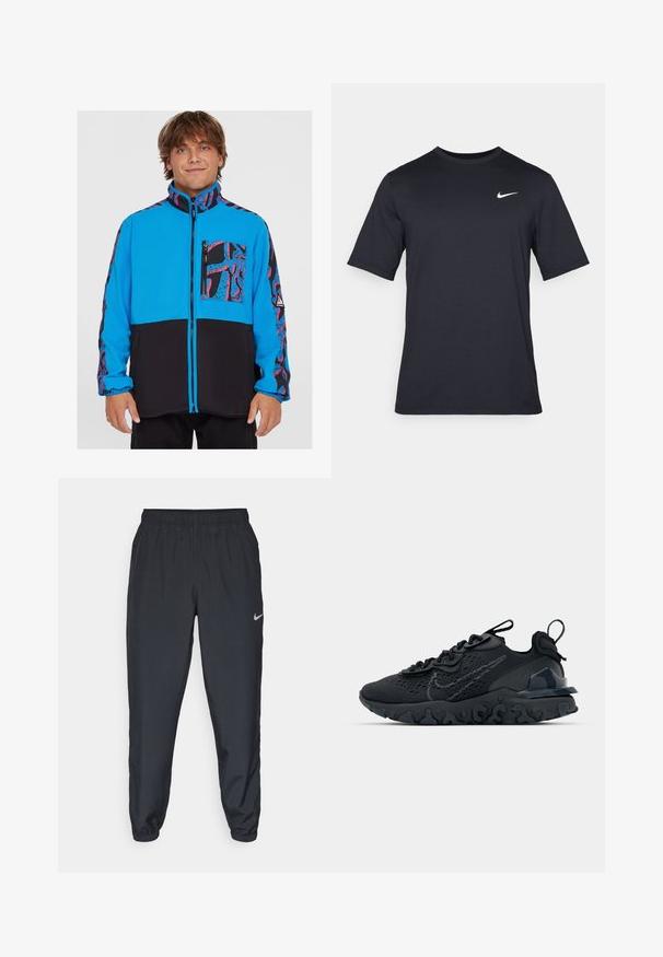 Blaue und schwarze Jacke mit einem Reißverschluss, ausgestattet mit einer gemusterten Tasche und seitlichen Einsätzen, aus Fleece gefertigt und mit einer glatten Textur.; Schwarzes, kurzärmliges Nike-T-Shirt aus glattem Material, mit einem weißen Swoosh-Logo auf der oberen linken Seite und Rundhalsausschnitt.; Schwarze Trainingshose aus einem leichten Stoff mit elastischem Bund, Knöchelabschlüssen und einem dezenten Nike-Logo auf der linken Seite.; Schwarzer Sportschuh mit atmungsaktivem Mesh-Obermaterial, strukturierten Akzenten und einer wellenförmigen Gummisohle. Verfügt über ein reflektierendes Logo und ein Schnürsystem.