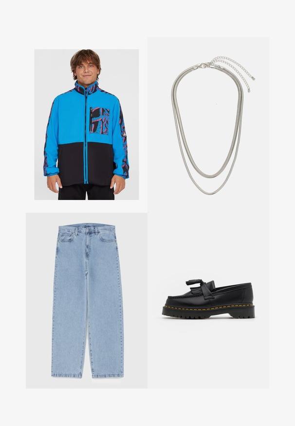 Blå og sort jakke med lynlås, har en mønstret lomme og sidepaneler, lavet af fleece-materiale med en glat tekstur.; Fem langærmede T-shirts i en række: turkis, sort, hvid, mørkegrå og navyblå. Blødt stof med rund halsdesign og standard pasform.; Lyseblå denimjeans med straight leg-design, der har en mid-rise talje, fem lommer og en lukning med knap og lynlås.; Sort læderloafer med en frynsedetalje, der har en kraftig sort sål og gul syninger langs kanten. Teksturert overflade.; Tre-lags sølvmetal halskæde med slanke, flexible kæder med en let glans, sikret med en hummerlås og justerbar kæde.