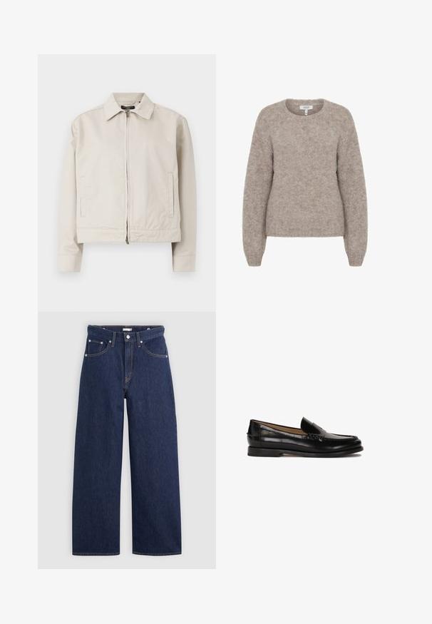 Lichtbeige jacket met een gestructureerde kraag, volledige rits aan de voorkant en zijzakken. Gemaakt van gladde stof met een getailleerde pasvorm.; b.young BYMILLER - Trui - humus melange; Witte katoenen t-shirt met korte mouwen en een ronde hals. Bevat een roze label aan de binnenkant van de hals. Soepele textuur.; Donkerblauwe denim wijde broek met een hoge taille, voorzien van vijf zakken, riemlussen en details van koperkleurig stiksel. Gladde textuur.; Zwarte leren loafer met een ronde neus, instapontwerp en subtiele stiksels langs de bovenkant. Platte rubberen zool.