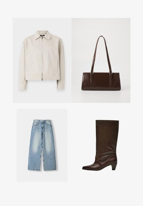 Jachetă bej deschis cu un guler structurat, fermoar complet pe față și buzunare laterale. Fabricată dintr-un material neted, cu o croială ajustată.; Top alb scurt, cu bretele late și un corset ajustat. Fabricat dintr-un material neted, având un design curat, minimalist, fără închizători vizibile.; Jeans din denim de un albastru deschis, cu croială evazată și talie înaltă, având un finisaj decolorat, cinci buzunare și tăietură dreaptă.; Bota din piele maro închis, până la jumătatea gambei, cu toc joas pe fir, vârf ascuțit și o tulpină ușor lăsată, pe un fundal alb.; Geantă din piele patent maro, cu o formă rectangulară, două mânere lungi și accente ușor curbe pe față.
