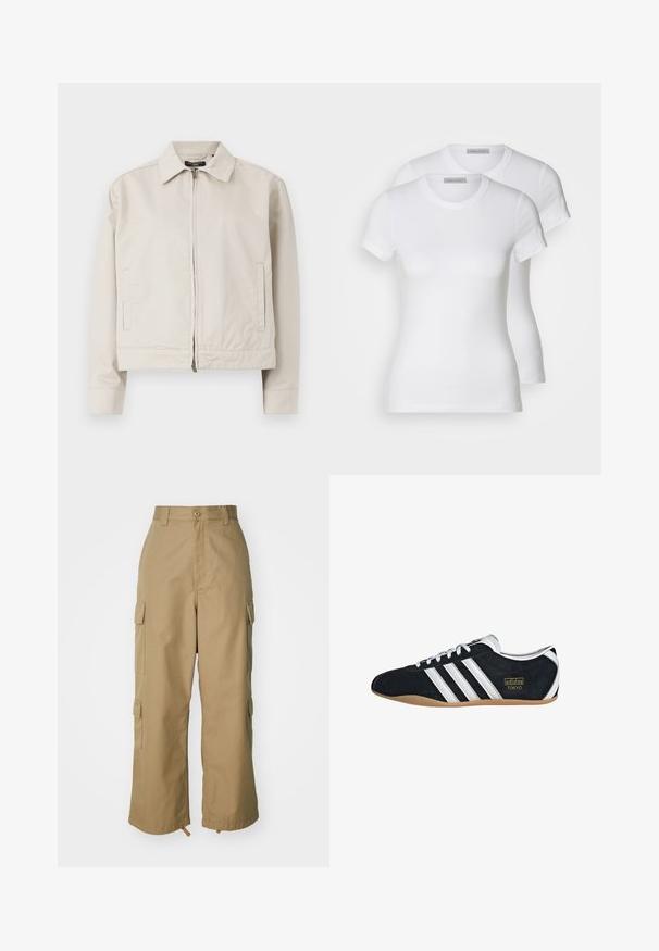 Svijetlo bež jakna sa strukturiranim ovratnikom, punim prednjim zatvaračem i bočnim džepovima. Napravljena od glatkog materijala s krojem prilagođenim tijelu.; Dvije bijele pamučne majice kratkih rukava, s okruglim izrezima i uskim krojem, s glatkom teksturom i minimalističkim dizajnom.; Bež cargo hlače visokog struka, širokih nogavica i četiri velika bočna džepa. Napravljene su od izdržljivog materijala s glatkom teksturom i minimalnim detaljima.; Crne suede tenisice s bijelim tri pruga, zlatnim logotipom i smešnim gumene potplate. Imaju nisku pertla dizajn.