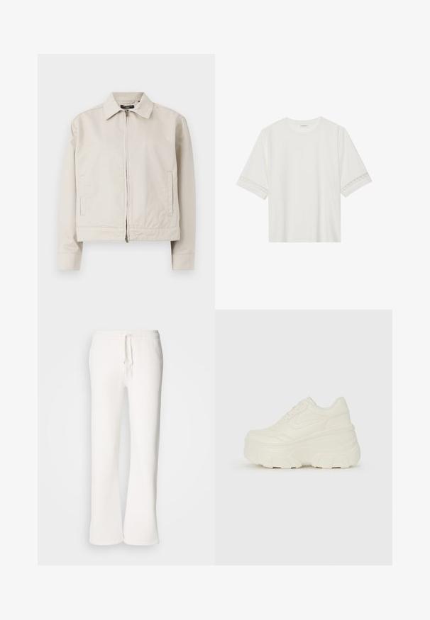 Casaco bege claro com um colarinho estruturado, fecho frontal completo em zíper e bolsos laterais. Feito de um tecido liso com um corte ajustado.; T-shirt branco de manga curta feito de algodão, com bainha de renda decorativa nas mangas e decote redondo.; Calças de fato brancas, de corte descontraído, feitas de um tecido macio, com um cós elástico e um cordão de ajuste, apresentando um design de pernas retas.; Tênis brancos de plataforma com um cabedal suave semelhante a couro, formato arredondado, colarinho acolchoado e sola de borracha texturizada com ranhuras bem definidas.