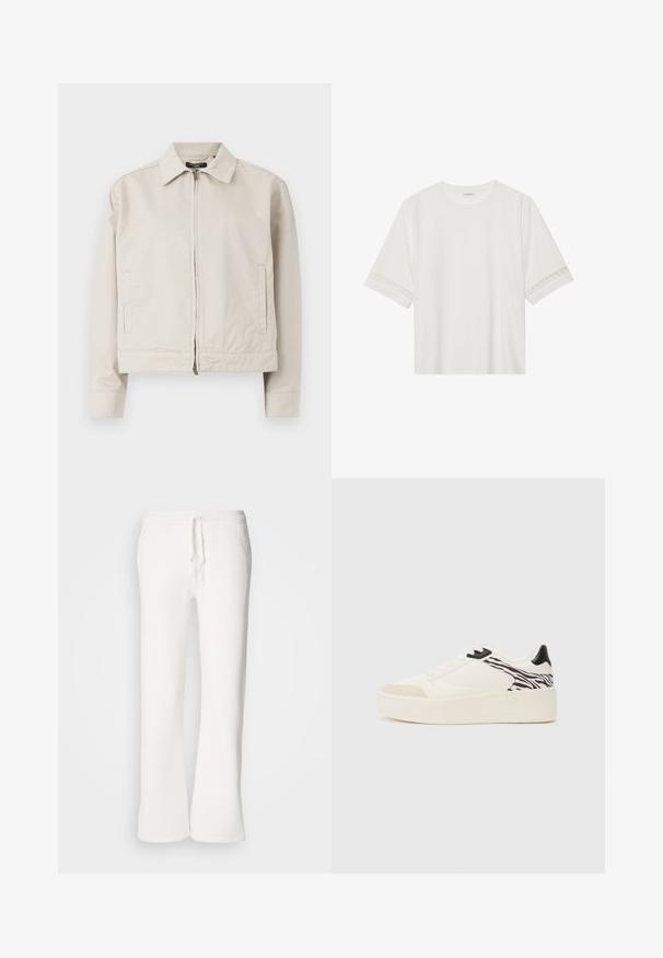 Casaco bege claro com um colarinho estruturado, fecho frontal completo em zíper e bolsos laterais. Feito de um tecido liso com um corte ajustado.; T-shirt branco de manga curta feito de algodão, com bainha de renda decorativa nas mangas e decote redondo.; Calças de fato brancas, de corte descontraído, feitas de um tecido macio, com um cós elástico e um cordão de ajuste, apresentando um design de pernas retas.; Even&Odd Sapatilhas - white/black