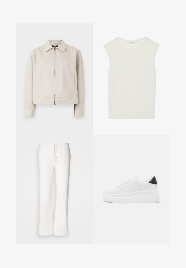 Gaiša bež jaka ar strukturētu apkakli, pilnu priekšējo rāvējslēdzēju un sānu kabatām. Izgatavota no gluda auduma ar pielāgotu piegriezumu.; Balts bez piedurknēm tops ar apaļu kakla izgriezumu. Izgatavots no gludas auduma, tam ir brīvs piegriezums un minimālistisks dizains. Nav nekādas rakstainības vai akcentu.; Baltas, brīvi pieguļoši sporta bikses, izgatavotas no mīkstas auduma, ar elastīgu jostu un aukliņu, kā arī taisna kāju dizainu.; Baltas platforma kedas, izgatavotas no gludas sintētiskas vielas, ar noapaļotu purngalu, saites dizainu un teksturētu gumijas zoli. Melna papēža akcenta detaļa.