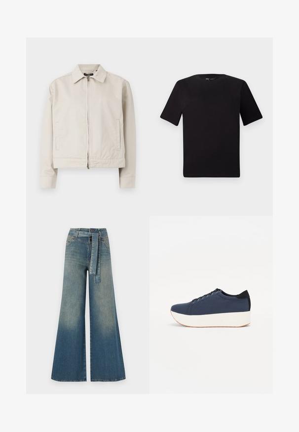 Chaqueta beige claro con un cuello estructurado, cremallera frontal completa y bolsillos laterales. Fabricada con un tejido suave y un corte entallado.; Camiseta negra de manga corta con cuello redondo, fabricada en suave algodón. Diseño simple, sin logos ni patrones visibles.; Pantalones de mezclilla de pierna ancha con un degradado de azul claro a oscuro, cintura alta, trabillas para cinturón y un cinturón de tela a juego. Acabado de mezclilla texturizada.; Zapatilla de color azul marino con parte superior de tejido texturizado, suela de plataforma blanca, punta redondeada y acento en el talón negro. Cuenta con seis ojales para los cordones.