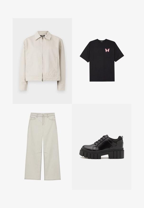 Light beige jacket with a structured collar, full front zipper, and side pockets. Made from smooth fabric with a tailored fit.; Black cotton t-shirt with short sleeves, featuring a small pink butterfly graphic on the left chest. Crew neck design with a relaxed fit.; Light gray wide-leg pants with five pockets, front button closure, and contrast stitching along seams. Fabric appears soft and durable.; Black leather platform shoes with a chunky block heel, round toe, and traditional lace-up design. Features smooth texture and minimal detailing.