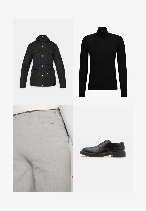 Fekete szigetelt dzseki magas gallérral, patent gombokkal, két mellzsebbel, két oldalsó zsebbel és bőr díszítéssel a kesztyűn.; Fekete garbó pulóver puha anyagból, hosszú ujjakkal és szoros fazonnal. Ribbed díszítés az alján és az ujjak végén. Egyszerű dizájn.; Világosszürke, texturált anyagból készült szabott nadrág, egyetlen hátsó zsebbel és tiszta varrással.; Fekete bőrcipő, kerek orrú, sima felületű, minimális varrással és alacsony gumitalppal. Logó a sarokrészen.