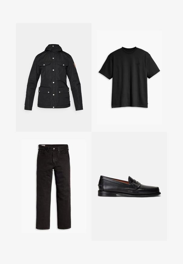 Casaco insulated preto com um colarinho alto, botões de pressão, dois bolsos no peito, dois bolsos laterais e um detalhe em couro na manga.; T-shirt preto de algodão com decote redondo e mangas curtas. Apresenta um logo discreto na parte da frente e uma barra reta. Design simples e minimalista.; Jeans de denim pretos de perna reta com cinco bolsos, fecho de botão e passantes para cinto, dispostos em uma superfície branca.; Mocassins de couro preto com acabamento liso, bico arredondado e uma faixa decorativa na parte superior. Apresentam uma sola preta baixa.