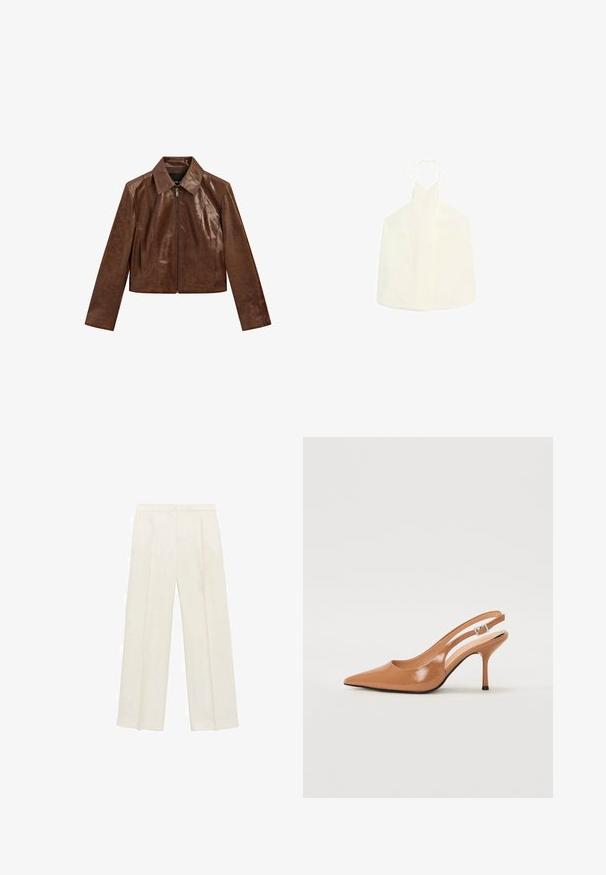 Massimo Dutti SHORT - Leren jas - brown; Witte haltertop met een V-vormige halslijn, striksluiting aan de achterkant en een gladde, iets gestructureerde stof zonder versieringen.; Wijdgevallen broeken in een lichtcrème kleur. Gemaakt van een zachte stof met plooien aan de voorkant en zijzakken.; Puntige slingback hak in een glad, glanzend beige materiaal. Bevat een gebogen uitsnijdontwerp en een slanke stiletto hak. Zilveren gesp detail.