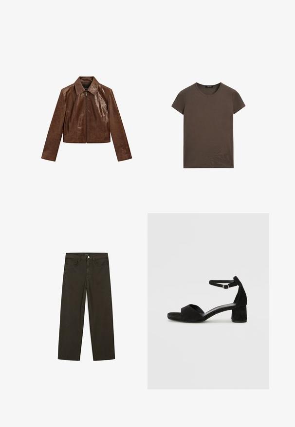 Massimo Dutti SHORT - Giacca di pelle - brown; T-shirt marrone a maniche corte in morbido cotone, con scollatura rotonda e design semplice senza ulteriori motivi o accenti.; Jeans a gamba larga di colore verde scuro, realizzati in tessuto misto cotone, dotati di chiusura con bottone frontale, cinque tasche e cuciture classiche in denim.; Sandali con tacco in suede nero, con una sottile fascia alla caviglia, design open toe e un discreto tacco a blocco. Texture liscia e decorazioni minime.