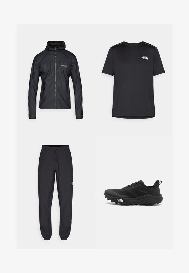 Casaco preto com fecho total Columbia Titanium, com capuz, bolso com fecho no peito e tecido texturizado, contra um fundo neutro.; T-shirt preto de manga curta feito de um tecido leve. Apresenta um pequeno logo branco ao lado esquerdo do peito e detalhes subtis nos ombros.; Calças atléticas pretas feitas de tecido leve, com um cós ajustável por cordão, bolsos laterais e punhos afunilados nos tornozelos.; Sapatilha de trail running preta com um upper texturizado, sola de borracha e biqueira reforçada. Possui um colarinho acolchoado e uma alça para facilitar o calçar.