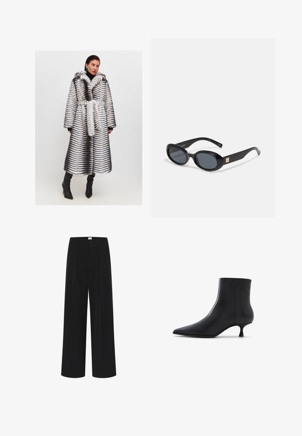 Płaszcz z futra syntetycznego z kapturem, w czarno-białe paski. Szerokie rękawy, pasek w talii i długość do połowy. Noszony na golf.; Intimissimi - Bluzka z długim rękawem; Czarne spodnie o szerokich nogawkach, z wysokim stanem, plisami i gładką fakturą. Minimalistyczny design bez widocznych wzorów czy elementów ozdobnych.; ALDO EMMALIE czarny; Czarne owalne okulary przeciwsłoneczne z ciemnymi soczewkami, błyszcząca plastikowa oprawka, szerokie zauszniki i mały złoty akcent z jednej strony.