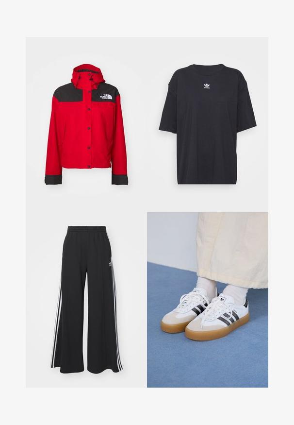 Raudona vandeniui atspari striukė su juodu viršutiniu paneliu, reguliuojama kapuce ir snapų užsegimais. Ant krūtinės yra logotipas ir elastiniai rankogaliai.; Juodas medvilnės marškinėliai trumpomis rankovėmis, apvaliu iškirpimu, su baltu Adidas logo ant krūtinės. Paprastas dizainas, laisvas kirpimas.; Juodos plačios kojų džinsinės kelnės su elastingu juosmeniu, turinčios baltas šonines juosteles ir išsiuvinėtą logotipą kairiajame šlaunyje.; Baltos sportbačiai su noir juostomis ir šviesiai rudos zomšos akcentais. Yra tekstūruota gumos padas ir plokščiomis baltomis raištelėmis, dėvimi su šviesiai spalvotomis kojinėmis.