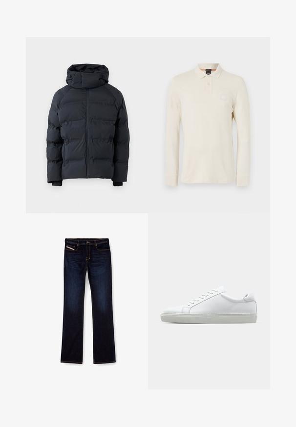 Čierna nadýchaná bunda so vysokým golierom, predným zipsom, bočnými vreckami na zips a nastaviteľnou kapucňou so šnúrkami, vystavená na jednofarebnom pozadí.; Dlhý rukáv polo tričko vo svetlej béžovej farbe, vyrobené z hladkej tkaniny, s golierom, zapínaním na dva gombíky a malou nášivkou loga na hrudi.; Tmavomodré denimové džínsy so strihom rovné nohavice, s oranžovým prešívaním, s pružným zipsovým uzáverom a prednými vreckami. Hladká textúra a štandardný pás.; Biele tenisky s hladkým koženým zvrškom a nízkym profilom. Majú zaoblenú špičku, šesť očiek a štruktúrovanú gumovú podrážku.