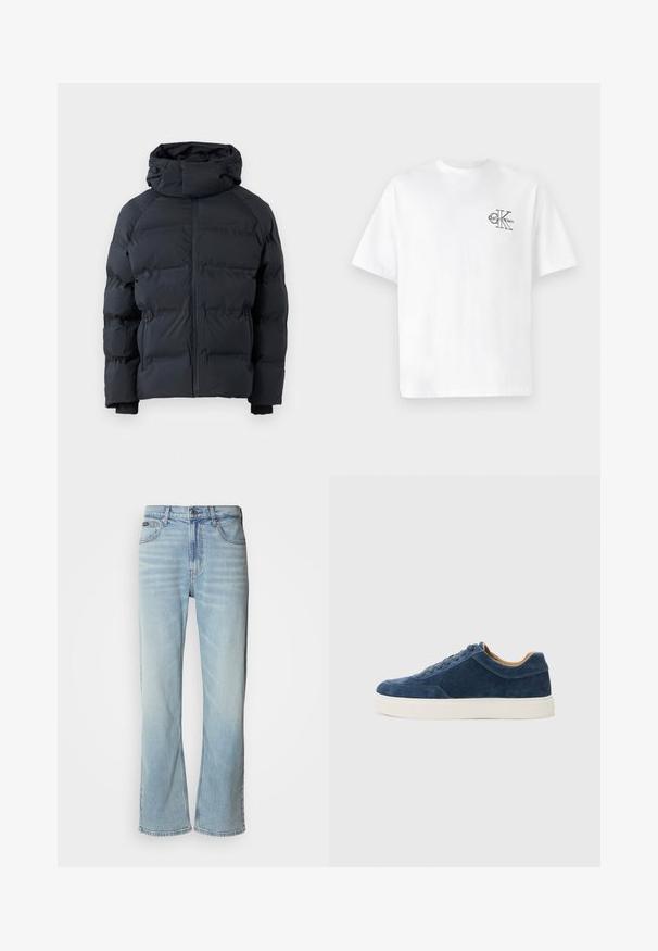 Mustmust värvi puhvjakker kõrge kraega, ees tõmblukk, tõmblukuga küljetaskud ja reguleeritav kapuuts paelaga, esitatud ühetoonilisel taustal.; Valge puuvillane T-särk lühikeste varrukatega, ümmarguse kaelusega, mille vasakul rinnal on must CK logo, tavaprofiil, sile tekstuur.; Heledad sinised teksad sirge lõikega, mis sisaldavad viit taskut, nööbiga sulgemise ja kergelt kulunud ilmega kangast.; Sinine sametist tennis, millel on valge kummist tall, nööbid, ümar varvas ja kontrastne pruuni siseosa. Peened õmblusdetailid.