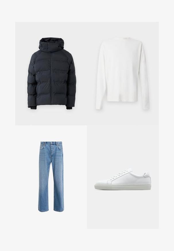 Czarna kurtka puchowa z wysokim kołnierzem, zamek z przodu, boczne kieszenie na zamek oraz regulowany kaptur z troczkami, wyeksponowana na jednolitym tle.; Biała, bawełniana koszula z długim rękawem, okrągłym dekoltem, bocznymi rozcięciami na dole oraz gładką fakturą, wyeksponowana z tyłu.; Jasnoniebieskie dżinsy o prostym kroju, pięć kieszeni, zapięcie na guzik, minimalne blaknięcia i kontrastowe wykończenia szwów.; Białe sneakersy z gładką skórzaną cholewką i niskim profilem. Posiadają okrągły nos, sześć dziurek na sznurówki oraz teksturowaną gumową podeszwę.