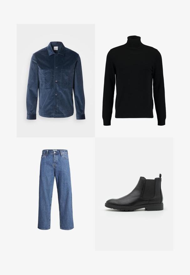 Calvin Klein OVERSHIRT - Poletna jakna - ink; Črn pulover s turtleneck ovratnikom, izdelan iz mehkega pletenega materiala. Ima dolge rokave, rebrast ovratnik in rob. Preprost, eleganten dizajn brez vzorcev.; Svijetloplave traperice s ravnim nogavicama, visokim strukom i minimalnim detaljima šivanja. Tkanina ima mekan, blago izblijedjeli izgled.; Črne usnjene čevlje Chelsea z elastičnimi stranskimi paneli in zanko, z zaobljenim nosom in teksturiranim gumijastim podplatom.