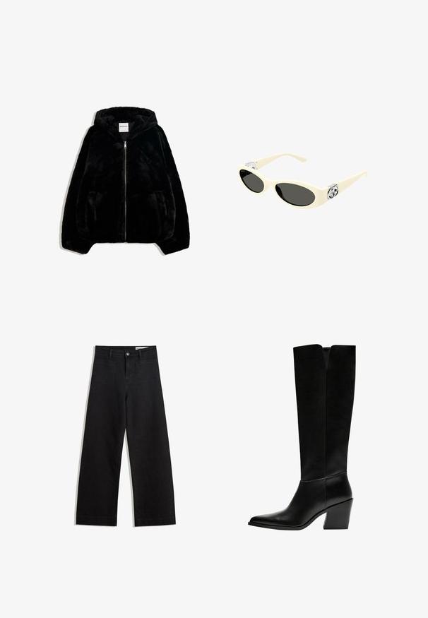 Crna lažna krzna jakna s patentnim zatvaračem sprijeda, kapuljačom i bočnim džepovima. Ima glatku teksturu i opušten fit za udobnost.; Bijela majica od mekane, lagane tkanine. Ima okrugli izrez i kratke, široke rukave s ležernim krojem. Bez vidljivih uzoraka.; Crne široke traperice s visokim strukom, s prednjim i stražnjim džepovima, šivenim šavovima i kopčanjem na gumb. Glatka tekstura.; Crne čizme do koljena napravljene od glatke kože, s šiljastim vrhom, blok petom i V-oblika izrezom na vrhu.; Smeđe naočale sa ovalnim sočivima, crnim tonom i metalnim logotipom na sljepoočnicama. Glatka tekstura, mačkasti oblik.