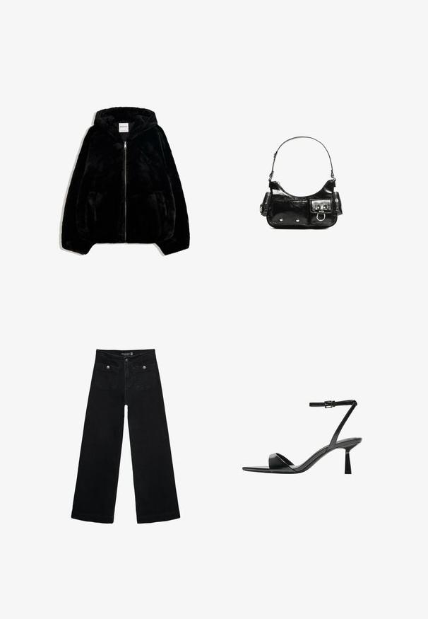 Černá umělá kožušinová bunda se zipem vpředu, kapucí a bočními kapsami. Má hladkou texturu a uvolněný střih pro pohodlí.; Černý dlouhý rukáv cropped top s kulatým výstřihem, jednoduchý design a mírně zaoblený lem.; Černé široké džíny s vysokým pasem, obsahující dvě přední kapsy a kovové knoflíkové detaily. Látka má hladkou texturu.; Bershka Sandály na vysokém podpatku - black; Černá lakovaná kožená kabelka s křivkovým tvarem, jedním ramenním popruhem, předními kapsami a stříbrnými kovovými detaily.
