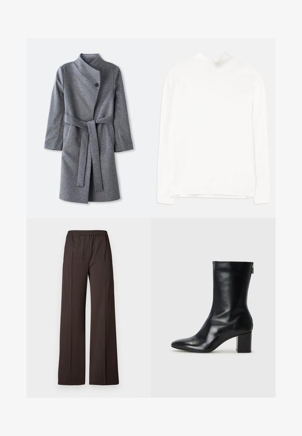 Ilgas pilkas vilnonis paltas su aukšta apykakle, vienas juodas mygtukas prie kaklo, dvi šoninės kišenės ir atitinkamas diržas, surištas ties liemeniu.; Baltas ilgų rankovių viršus su aukštu kaklu, raižyta tekstūra ir tiesiu siluetu. Audinys atrodo švelnus ir lygus, be matomų raštų.; Tamsiai rudos spalvos plačios kelnių kelnės iš elastinės medžiagos, turinčios lygų paviršių ir švarias linijas, suteikiančias pritaikytą išvaizdą.; Juodų odinių kulkšninių botų su smailiu nosiu ir 4 cm pločio bloku. Išskirtinis dizainas pasižymi šoniniu užtrauktuku, leidžiančiu lengvai apsiauti. Lygi tekstūra.