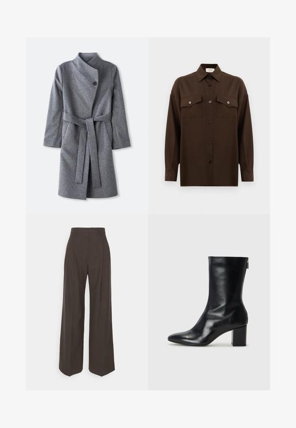 Long grey wool coat with high collar, single black button closure near neck, two side pockets, and matching belt tied at waist.; Dark brown long-sleeve button-up shirt with two flap chest pockets and a classic collar, displayed against a plain white background.; Dark brown wide-leg trousers with a high waist, featuring neatly pressed creases, smooth texture, and a tailored fit.; Black leather ankle boot with a pointed toe and 4 cm block heel. Sleek design features a side zipper for easy wear. Smooth texture.