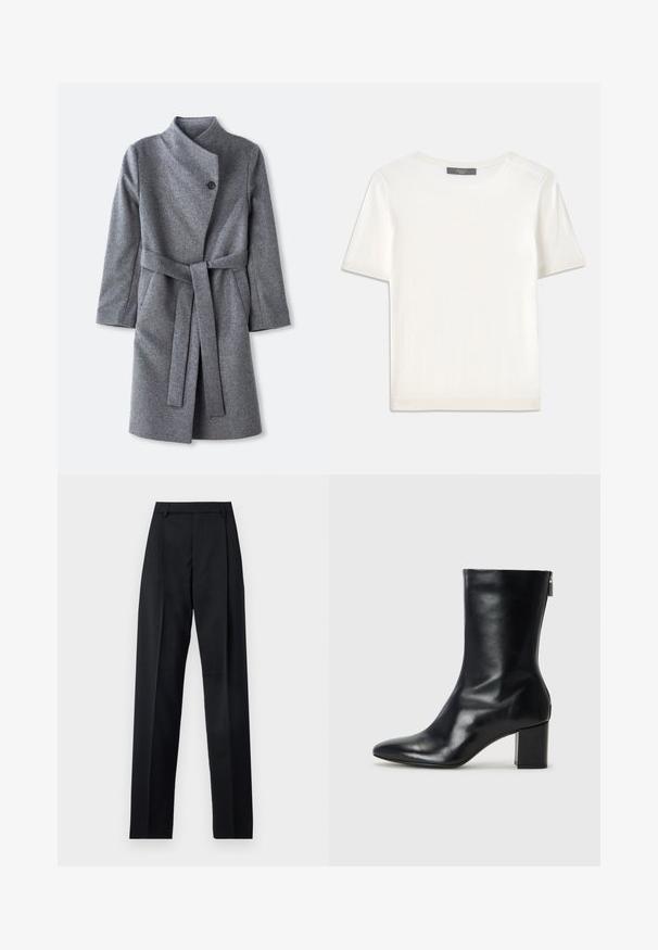 Langer grauer Wollmantel mit hohem Kragen, ein schwarzer Knopfverschluss in der Nähe des Halses, zwei seitliche Taschen und einem passenden Gürtel, der in der Taille gebunden ist.; Weißes kurzärmliges Strickoberteil mit rundem Halsausschnitt, das eine glatte Textur und subtile Rippakzente an den Ärmeln und dem Saum aufweist.; Schwarze Hosen aus glattem Stoff mit hoher Taille, weitem Bein, vorderen Falten und klassischen Gürtelschlaufen. Keine sichtbaren Seitentaschen.; Schwarze Leder-Ankle-Boots mit spitzer Zehe und 4 cm Blockabsatz. Schlankes Design mit einem seitlichen Reißverschluss für einfaches Anziehen. Glatte Textur.