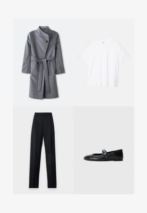 Cappotto lungo in lana grigia con colletto alto, chiusura con un singolo bottone nero vicino al collo, due tasche laterali e cintura abbinata legata in vita.; T-shirt bianco in cotone con maniche corte, scollo rotondo, vestibilità comoda e orlo cucito. Etichetta visibile all'interno del colletto.; Pantaloni neri realizzati in tessuto morbido, caratterizzati da vita alta, gambe larghe, pince frontali e classiche passanti per cintura. Non ci sono tasche laterali visibili.; Ballerine in pelle nera con punta appuntita, dotate di una fascia con una fibbia metallica circolare e suola piatta.