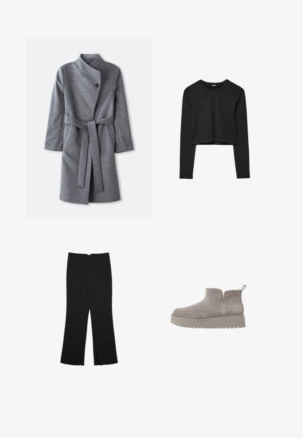 Dolgi sivi volnen plašč z visokim ovratnikom, enojnim črnim gumbom za zapiranje blizu vratu, dvema stranskima žepoma in usklajeno pasom, zavezanim v pasu.; Črna dolgi rokavi prerezana majica s krožnim izrezom, enostaven dizajn in rahlo ukrivljen rob.; Črne hlače ravnega kroja z naglavnimi žepi in stranskimi razporki na robu. Narejene iz mehke, gladke tkanine. Primerne za različne priložnosti.; Sivi nubuk čevelj do gležnjev z nizkim profilom, elastičnimi stranskimi paneli in teksturirano gumijasto podplato. Ima zanko za enostavno oblačenje.