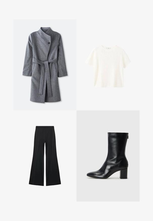 Dugi sivi vuneni kaput s visokim ovratnikom, s jednim crnim gumbom zatvaranjem blizu vrata, dva bočna džepa i odgovarajućim remenom zategnutim u struku.; Bijela kratka majica s kratkim rukavima i okruglim izrezom. Mekana tekstura i opušteni kroj, s jednostavnim dizajnom bez dodatnih uzoraka.; Crne široke hlače s glatkom teksturom, koje imaju prednje nabore i kroj po mjeri. Tkanina je lagana i lepršava.; Crne kožne gležnjače s oštrim vrhom i blok petom visokom 4 cm. Elegantni dizajn s bočnim patentnim zatvaračem za jednostavno obuvanje. Glatka tekstura.
