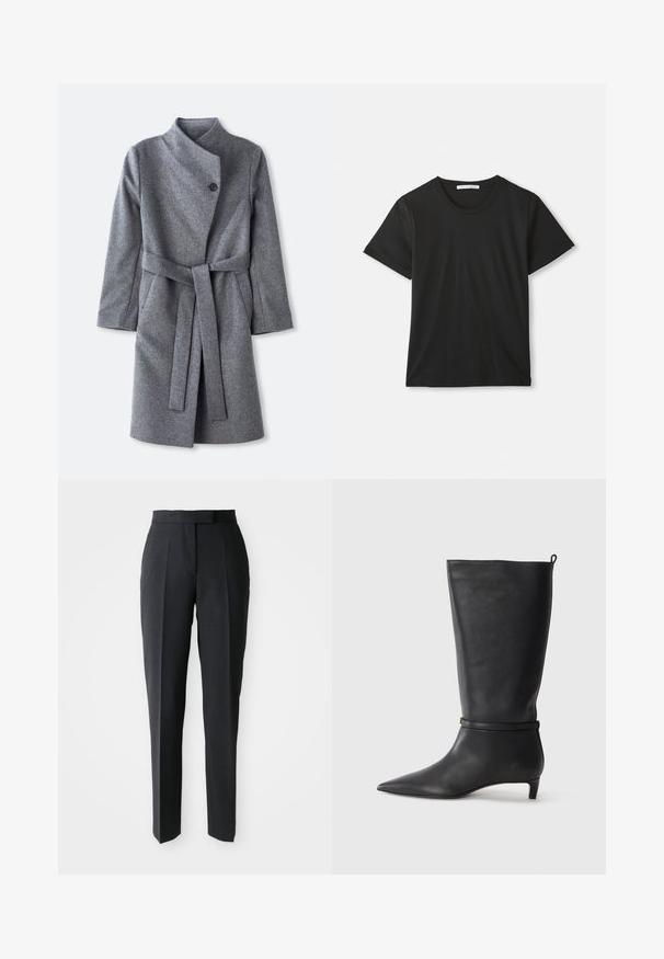 Dlhý sivý vlnený kabát s vysokým golierom, s jedným čiernym gombíkom na zapínanie pri krku, dvoma bočnými vreckami a zodpovedajúcim pásom zaviazaným v páse.; Čierne krátke rukávy tričko s okrúhlym výstrihom z bavlny, položené na bielom pozadí, s viditeľnou značkovou etiketou vo vnútri goliera.; Čierne nohavice so strihom rovného nohu a vysokým pásom, s prednými záhybmi, vystavené na jednoduchom svetlom pozadí.; Čierne kožené vysoké čižmy po kolená s špicatou špičkou, s okrúhlym remienkom okolo členku a nízkym, zúženým podpätkom. Hladký povrch.