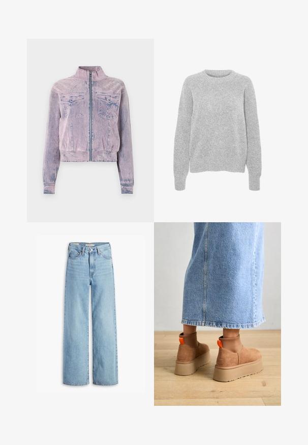 Roza jeans jakna z visokim ovratnikom, sprednjim zadrgo, dvema žepoma na prsih in teksturiranim zaključkom. Skrajšana zasnova z modrimi poudarki.; Sivkasta pleteno pulover z dolgimi rokavi, okroglim izrezom, rebrastimi manšeti in obesom, ki se ponaša z mehko teksturo in sproščenim krojem.; Visoke svetlo modre široke hlače z visokim pasom, z gumbom in zadrgo spredaj, z zankami za pas in petimi žepi.; Rjave suede platform čizme z elastičnimi stranskimi paneli in oranžnimi zankami, v kombinaciji s svetlobno denim krilom do kolen na lesenem tleh.